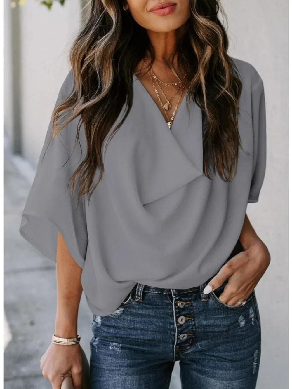 Women's 3/4 Sleeves Gray Wrap Draped Front Blouses Cowl Neck Chiffon Tops - Picture 2 of 4